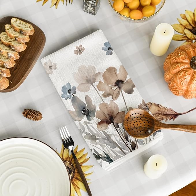 Artoid Mode Brown Poppy Floral Leaves Spring Kitchen Towels Dish Towels, 18x26 Inch Seasonal Summer Decoration Hand Towels Set of 2