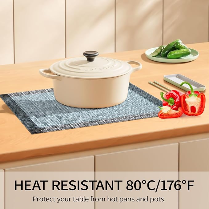 Blue Grey Placemats Set of 4, 12x18 Inch Heat-Resistant Washable Easy to Clean Place Mats, Faux Linen Cloth Table Mats Suitable for Indoor/Outdoor Parties & Kitchen Decor (Blue Grey)
