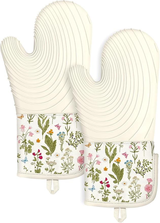 Slohif Long Silicone Oven Mitts Heat Resistant for Women - 2 Pcs Beige Floral 100% Cotton Oven Gloves, Non-Slip and Waterproof Silicone Oven Mitts with Hanger for Baking and Cooking