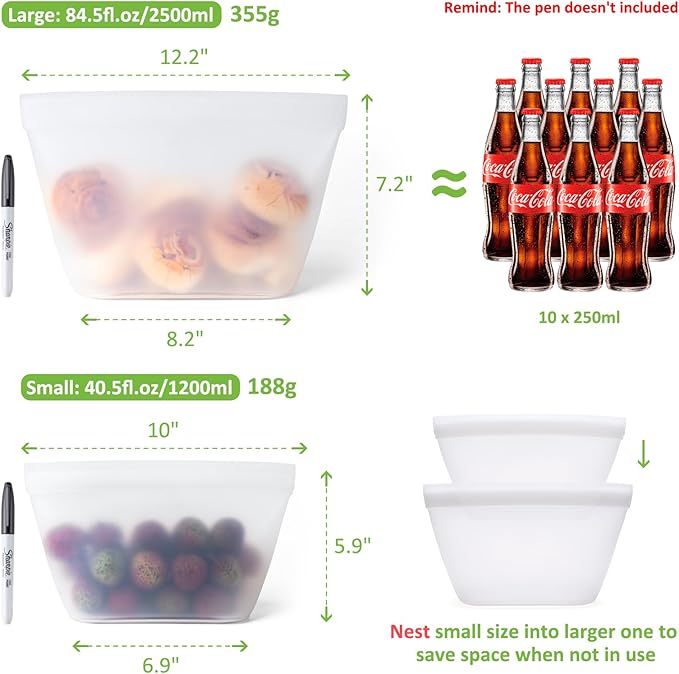 Silicone Bags for Food Storage, Reusable Food Storage Containers Zip Lock Silicone Bags Stand Up Snack Bags, Freezer Microwave Oven Dishwasher Safe, Plastice BPA-Free 4 Pack 2 Size(84oz & 40oz)