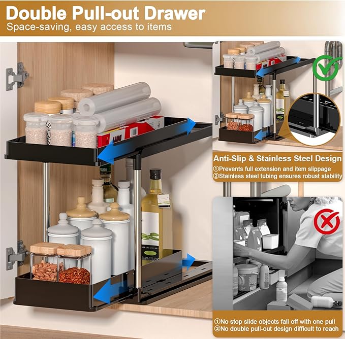 NIUXX Expandable Under Sink Organizer: 2 Tier Under Cabinet Organizer - Double Pull Out Shelf Under Sink Storage for Kitchen - Bathroom and Laundry Room - Space Saving