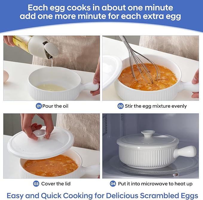 EliteVibe Ceramic Microwave Egg Cooker Scrambled with Lid, BPA-Free Non-Stick Non-Toxic & Heat-Resistant Quick Cooking Egg Maker, Dishwasher Safe, Holds Up to 3 Eggs（White）