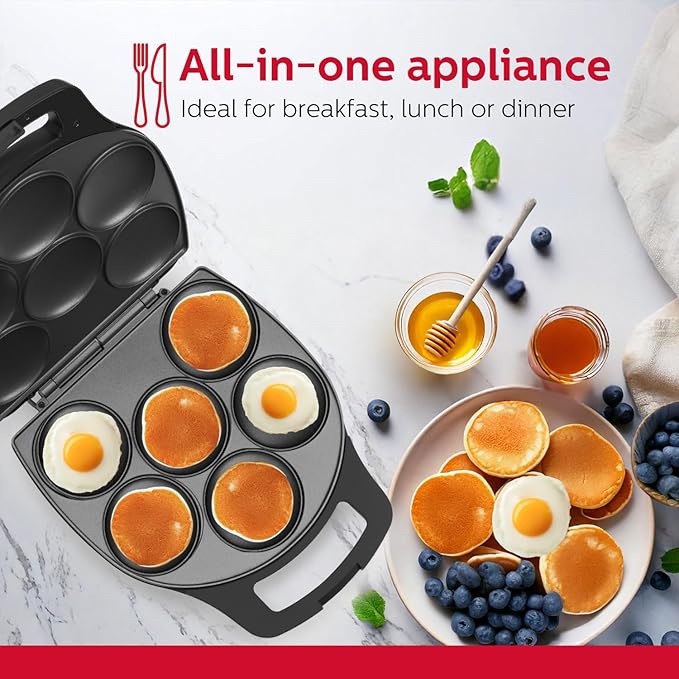 Holstein Housewares Non-Stick 6-Section Multi-Food Maker - Arepas, Mini Pancakes, Corncakes and More, 6-PC, Matte Black