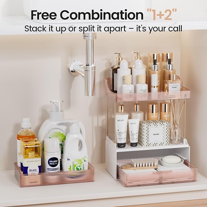 Delamu Bathroom Organizers and Storage, 2 Tier 2 Drawer Makeup Organizer Countertop, Easy to Install, Ideal for Bathroom Counter, Vanity, Ideal for Women Girls, Grapefruit