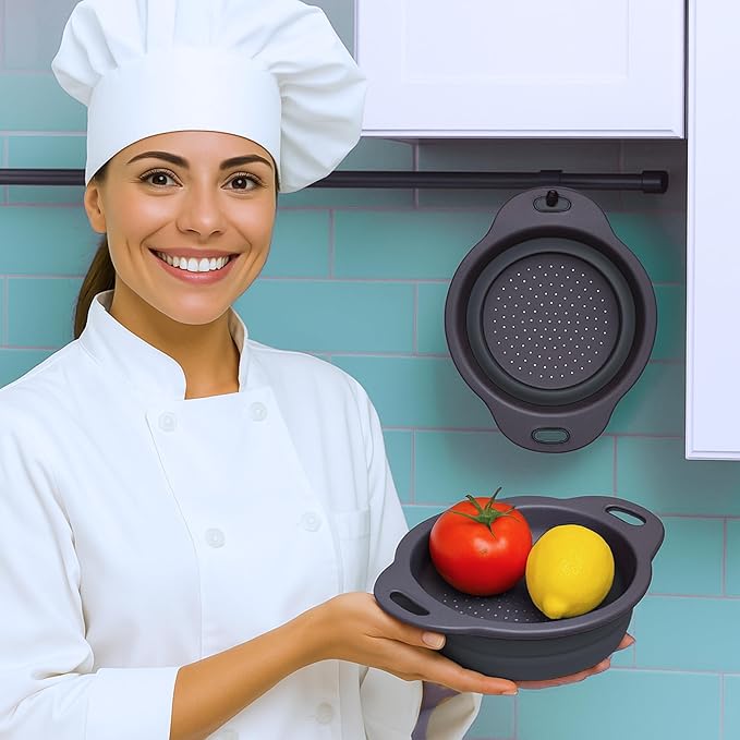 Black Silicone Collapsible Colanders - Kitchen Plastic Foldable Strainers for Pasta Small Camping Colander Bowl for Food