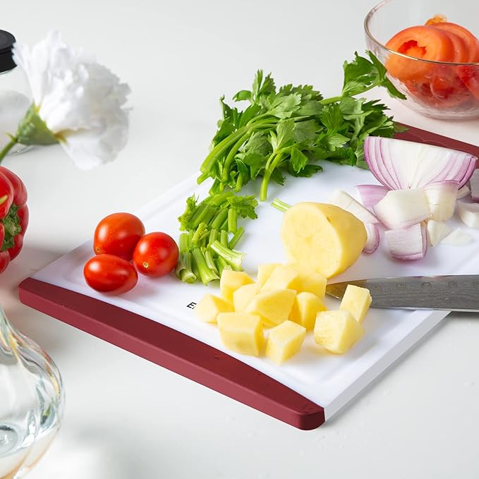 Empune Extra Large Cutting Boards, Plastic Cutting Boards for Kitchen (Set of 4) Cutting Board Set Dishwasher Safe Chopping Board with Juice Grooves Easy-Grip Handles, Red