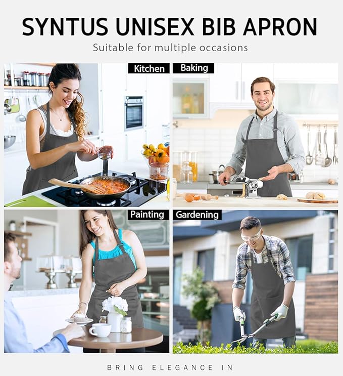 Syntus Apron for Men Women, Adjustable Cooking Kitchen Chef Aprons with 2 Pockets, Cotton/Polycotton/Polyester