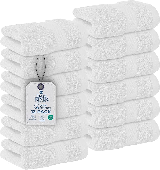 DAN RIVER 12-Pack Premium 100% Cotton White Face Towels for Bathroom - Reusable Face Wash Cloths for Showering 12 X 12 Inches - 550 GSM Super Soft & Absorbent Luxury WashCloths for Body, Spa & Gym