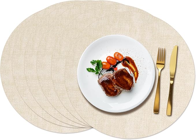 Maxpearl Round Placemats Set of 6, 13.8 inch Faux Leather Heat Resistant Table Mats, Non Slip Waterproof Wipeable Place Mats for Kitchen Dining Holiday Party Table Settings, Beige