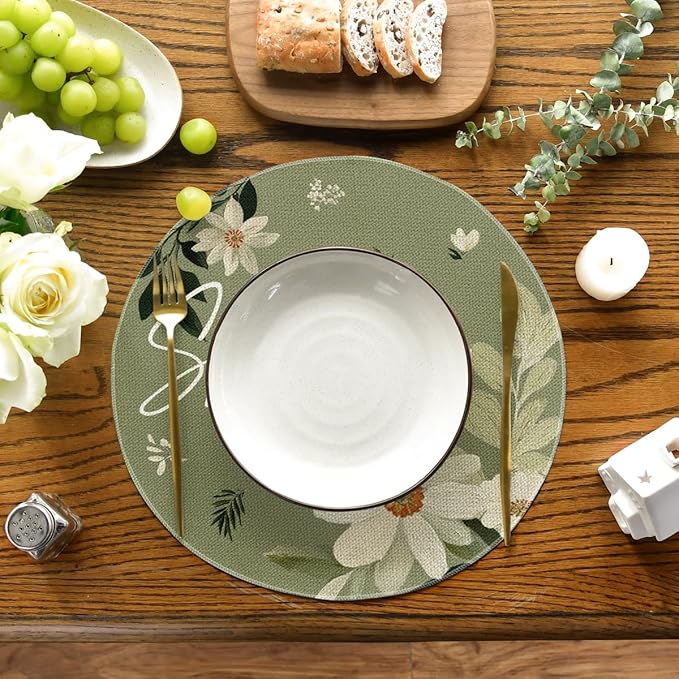 Artoid Mode Olive Green Hello Spring Daisy Round Spring Placemats Set of 4, 14 Inch Seasonal Holiday Table Mats for Party Kitchen Dining Decoration