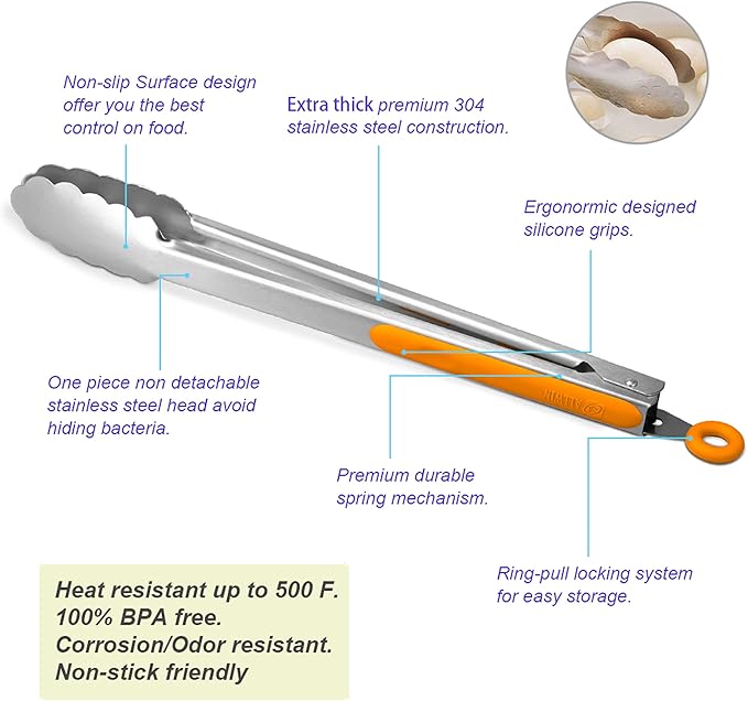 Premium 304 Stainless Steel Tongs Set – 12" Grill Tongs & 9" Cooking Tongs, Heat Resistant up to 600°F, Wavy Grip Head, Non‑Slip Handle with Locking Clip & Hanging Loop, Dishwasher Safe, Orange