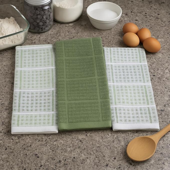 Sage Green Kitchen Dish Towels – Set of 3 100% Cotton Cloth Soft Cleaning Drying Absorbent Textured Waffle & Checkered Weave – Oversized 28" x 18" Multipurpose Towels for Everyday Use