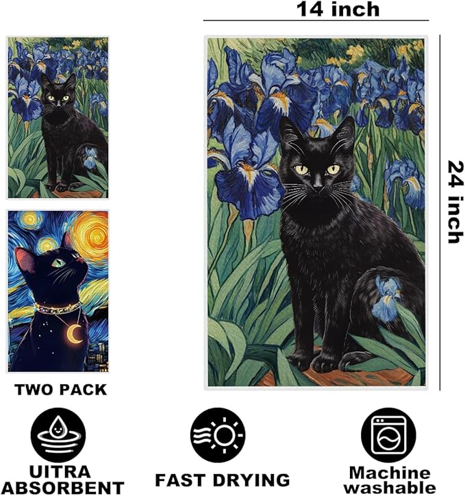 2Pcs Cat Kitchen Towels, Cats Floral Absorbent Tea Towel Decorative Dish Hand Towels Cat Lover Gifts for Cleaning Drying Cats Owners Women Mom Housewarming Gifts 14 x 24 Inch Kitchen Home Decor-1