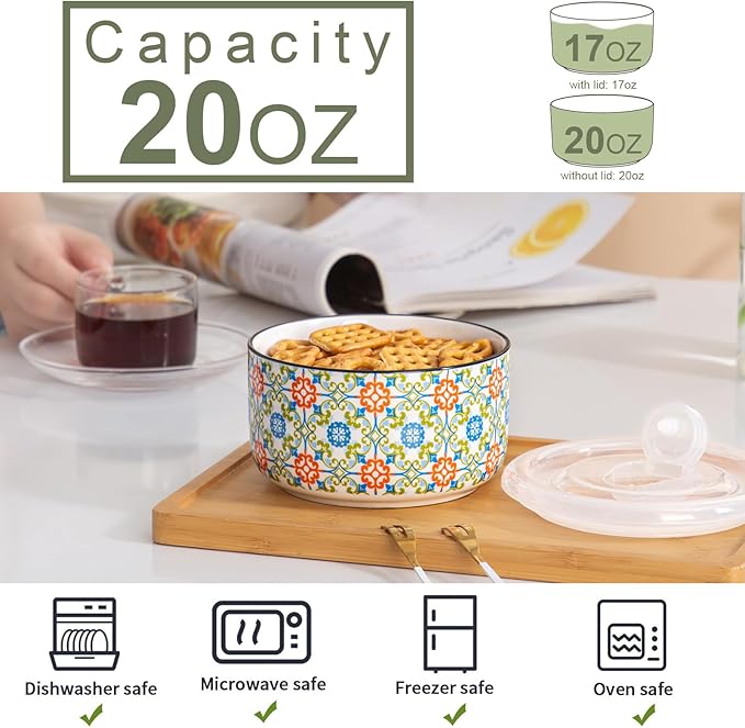 Ceramic Bowls Set with Lid: Microwave Safe Soup Containers Set of 6 for Meal Prep, Cereal, Salad, Picnic, Camping, Office Lunch, Kitchen Food Storage - 5 Inch, 20 oz, 6 PCS, Design D