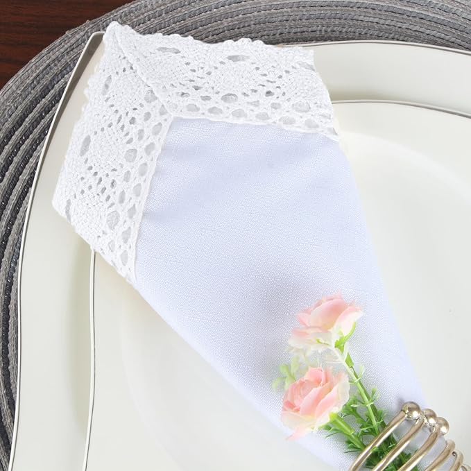 EHouseHome Dinner Cloth Napkins with Lace Trim Waterproof Spillproof Faux Linen Fabric Napkins,Set of 6, 18 x 18 Inch,White