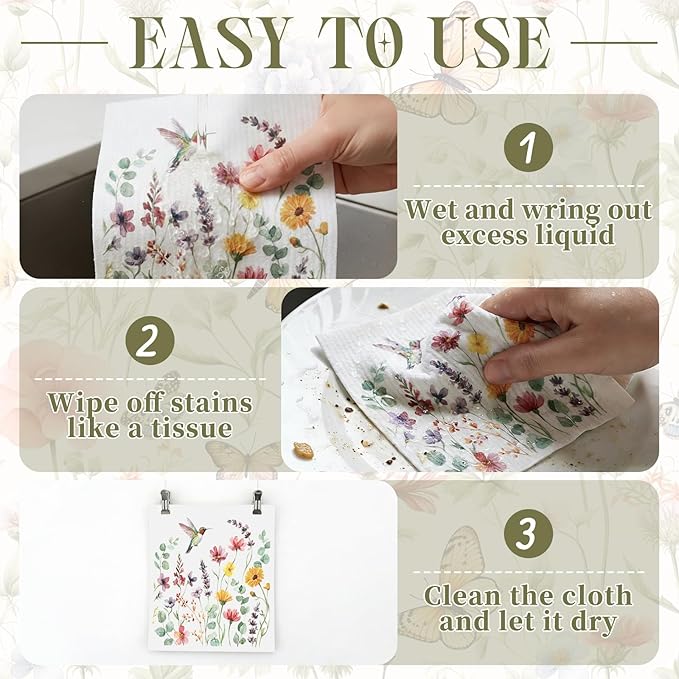 Tegeme 8 Pcs Wildflowers Swedish Dishcloth Kitchen Spring Hummingbird Butterfly Flower Dish Towel Absorbent Cotton Reusable Kitchen Towels for Summer Home Party Housewarming Counter Wipes, 6.8 x 7.7''