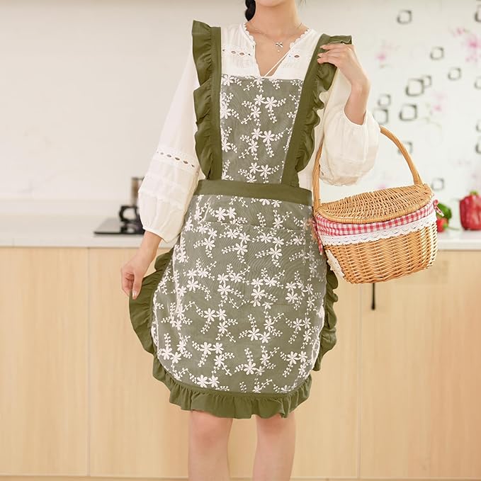 Pinknoke Vintage Pinafore Apron Dress for Women with Pockets Cute Floral Chef Aprons for Kitchen Cooking Baking Gardening