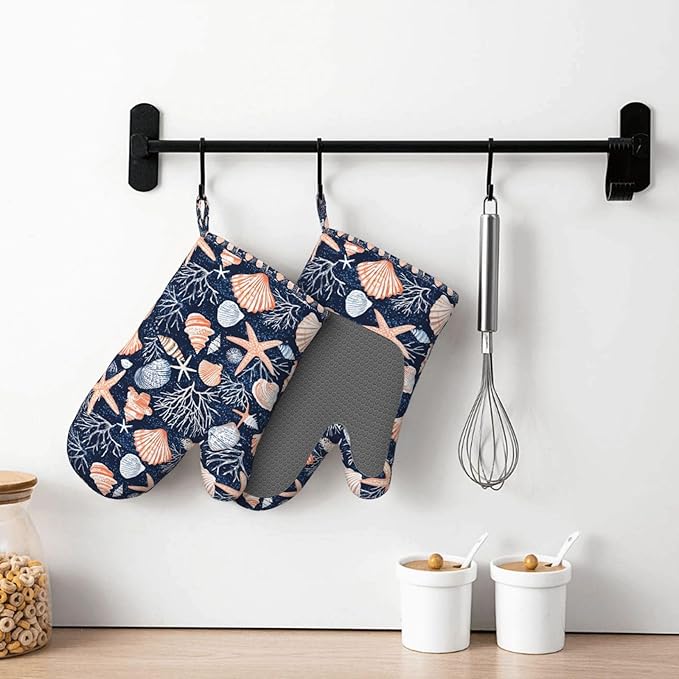 Seashell Silicone Oven Mitts Set of 2, Heat Resistant up to 500°F, Kitchen Oven Gloves with Non-Slip Grip and Soft Cotton Lining for Baking, Cooking and BBQ