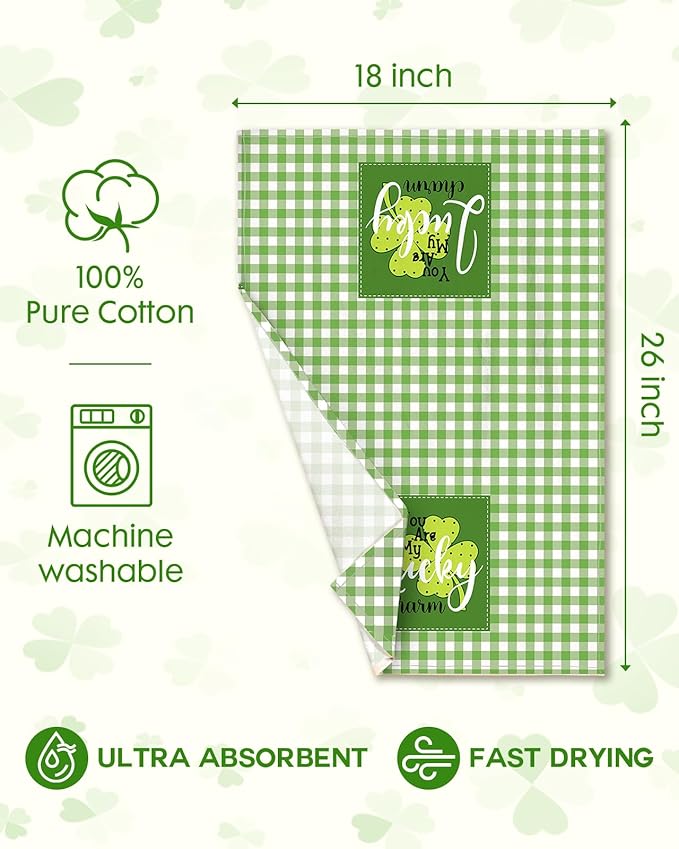 Miss Adola St. Patrick's Day Kitchen Towels Set of 2 - Flour Sack Tea Towels with Hanging Loop 18x26 Inch Green Lucky Charm Hand Dish Cloths Reusable Dishcloths Celebrate Patricks Day Decor