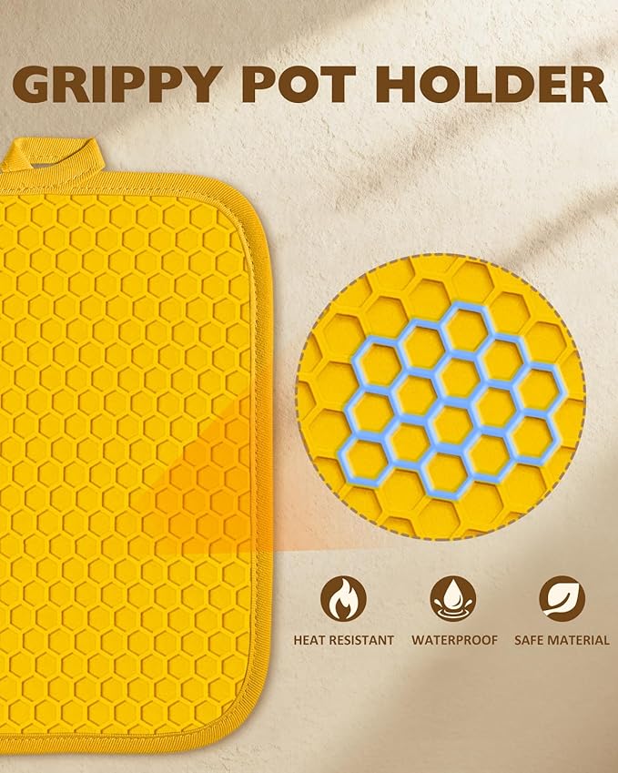 Slohif Silcone Chicken Pot Holders for Kitchen - 100% Cotton Yellow Cute Oven Potholders with Pockets, Heat Resistant Square Thick Hot Pads, House New Home Baking Baker Gifts,2pack