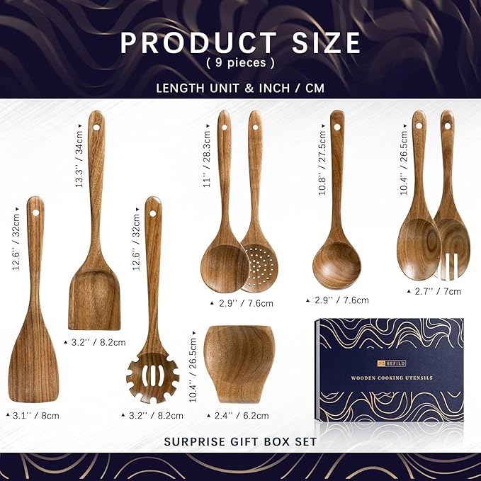 Wooden Spoons for Cooking, Nonstick Cooking Utensil Set with 8 Piece Acacia Wooden Spatulas and Spoons, as well as a Extra Whole Wood Spoon Rest, Terrific for Everyday Kitchen Tasks