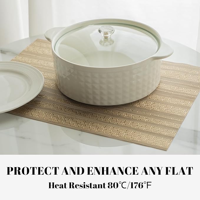 Placemats Set of 6 Vinyl/Plastic Woven Place Mats for Kitchen Table Indoor/Outdoor Washable Placemat Wipeable Dining Table Mats (Aurora Gold,6)