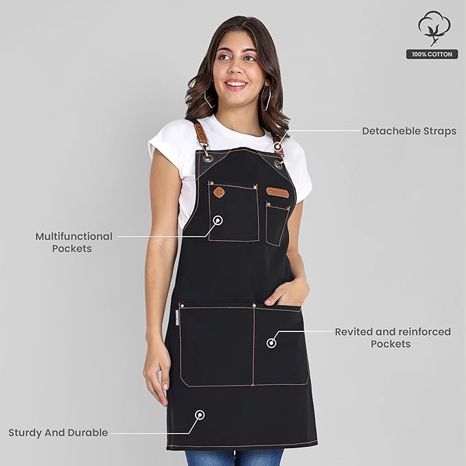 Chef Apron, Recycled Cotton Kitchen Apron with an Adjustable Neck with Long Ties, for cooking, baking