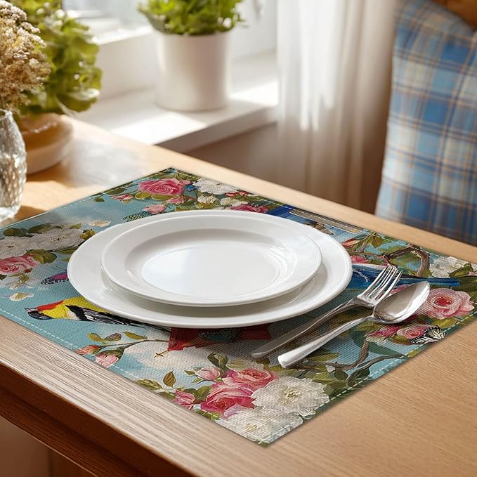HOMETITUTE Birdhouse Art Linen Placemats Set of 4 12x18 inch Spring Table Mats for Dining Table Farmhouse Decorations Kitchen Decor Desk Mat for Outdoor Home Party Kitchen Seasonal Dining Decor