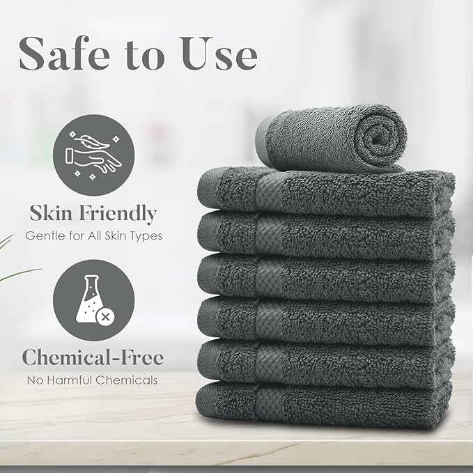 DAN RIVER 12-Pack Premium 100% Cotton Gray Face Towels for Bathroom - Reusable Face Wash Cloths for Showering 12x12 Inches - 550 GSM Super Soft & Absorbent Luxury WashCloths for Body, Spa & Gym