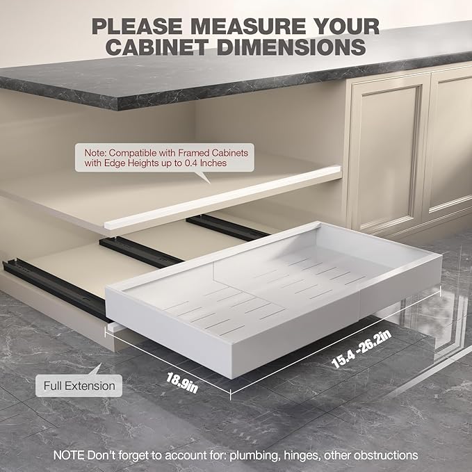 Seinloes 2 Pack Pull Out Cabinet Organizer 19" Deep,Full Extension 3 Slide Rails Slide Out Drawers With Raising Pad for Framed Cabinets,Expandable Width (15.4"-26.2"),No Drill Roll Out shelf,White