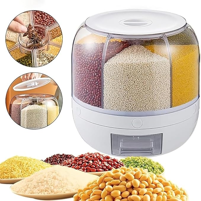Rotating Grain Storage Bin 6 Grids Rice Container One-Click Output Large Capacity Food Dispenser For Rice Grains Sealed Moisture Proof Organizer (Large)