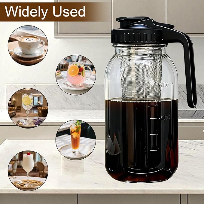 Cold Brew Coffee Maker, 64oz Cold Brew Pitcher with Stainless Steel Filter & Coffee Mat, Glass Cold Brew Mason Jar with Airtight Lid, Cold Brew Brewer Kit Tea Infuser Pitcher, Gifts for Coffee Lovers