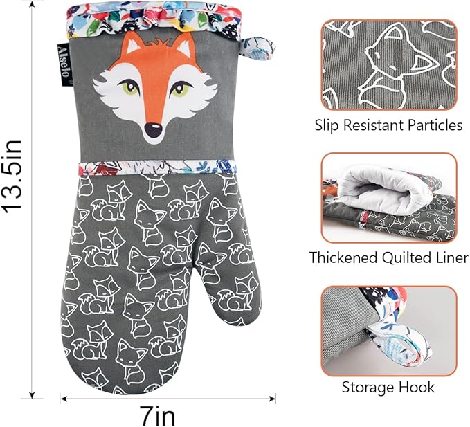 Alselo Oven Mitts, Heat Resistant Kitchen Mittens with Soft Quilted Cotton Lining Set of 2, Fashion Animal Design with Silicone Printing Anti-Slip Gloves for Baking Cooking Barbecue (Gray 2)