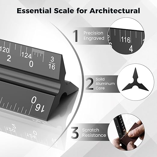 Rena Chris Architectural Scale Ruler: 12" Imperial Aluminum Alloy Metal Architecture Measuring Tools, Engineering Drafting Construction Drawing Blueprints Triangular Architect Scaling Rulers 12 Inches