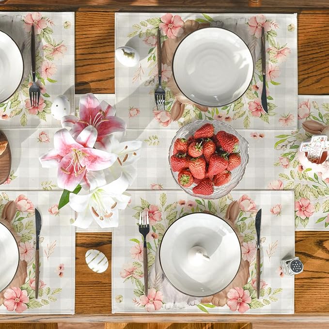 Artoid Mode Grey White Bunny Rabbit Flowers Buffalo Plaid Easter Placemats Set of 4, 12x18 Inch Spring Table Mats for Party Kitchen Dining Decoration