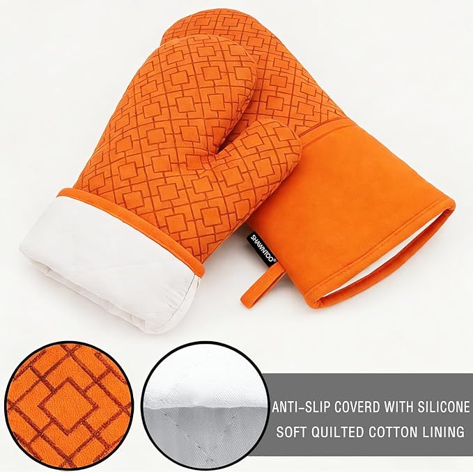 Oven Mitts and Pot Holders Sets 6pcs, Kitchen Oven Glove,High Heat Resistant 550 Degree Extra Long Oven Mitts and Potholders with Non-Slip Silicone Surface for Home Essentials (Grey) (Pumpkin Orange)