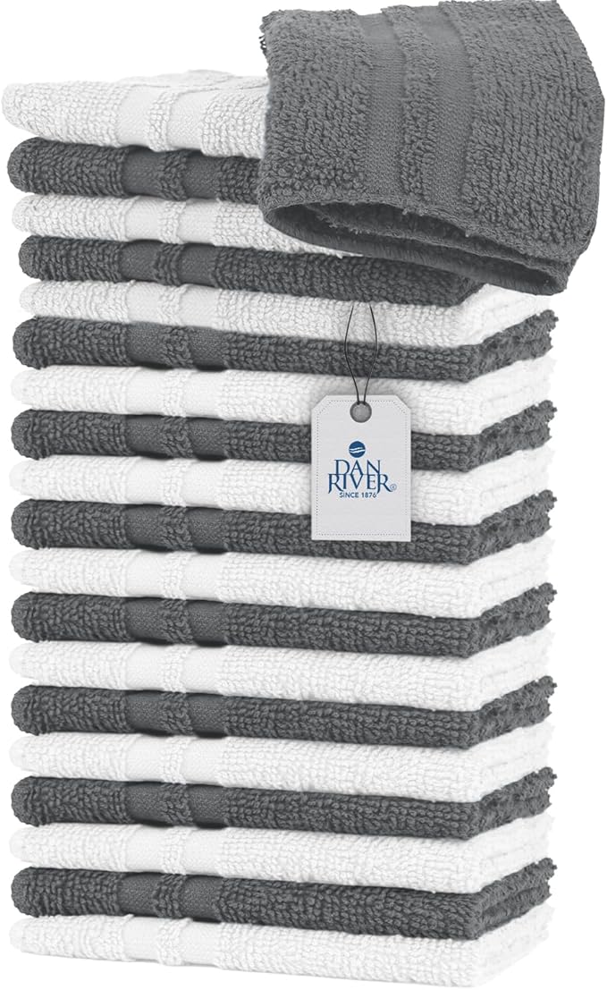 DAN RIVER 100% Cotton Washcloths 20 Pack Premium Quality Face and Body Cloth, Quick Dry Essential Towels for Bathroom, Hand, Kitchen & Cleaning, Baby Rugs | 11X11 in | 400 GSM | Grey + White