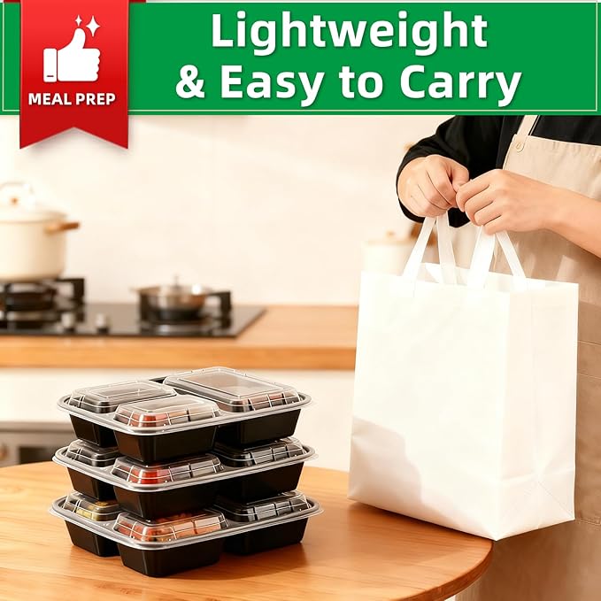 Meal Prep Containers 3 Compartment 20 Pack, 32 oz Divided Reusable Food Storage Containers with Lids Takeout Food Storage Black with 20 Forks, Microwave Dishwasher Freezer Safe, BPA Free
