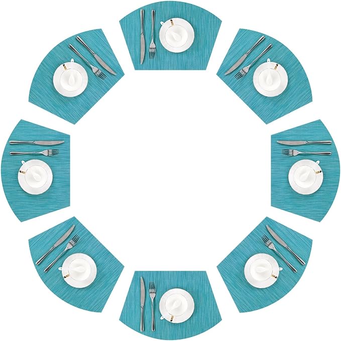 SHACOS Wedge Shape Placemats Set of 8 Woven Vinyl Reversible Placemats for Round Table Curved Place Mats Wipe Clean Non Slip Table Mats Indoor Outdoor, Teal Blue
