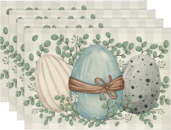 Artoid Mode Eucalyptus Eggs Easter Placemats Set of 4, 12x18 Inch Spring Seasonal Table Mats for Party Kitchen Dining Decoration