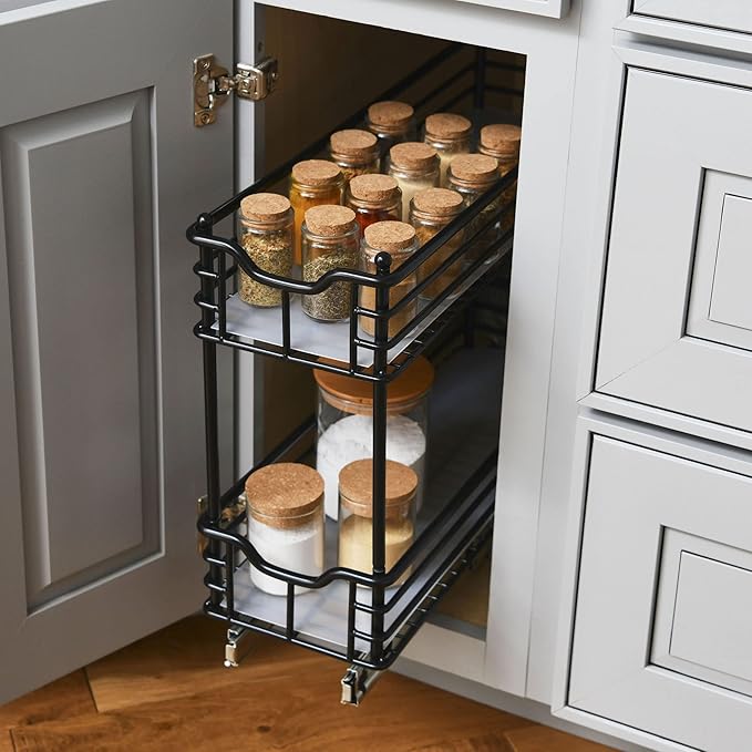 Household Essentials Glidez Multipurpose Paint-Finished Steel Pull-Out/Slide-Out Storage Organizer with Plastic Liners for Under Cabinet Use - 2-Tier Design, Black