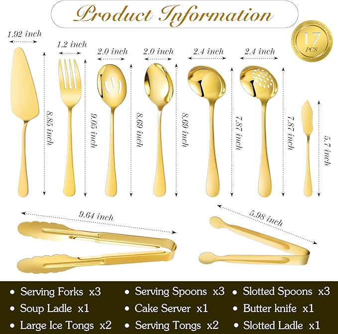 Mwellewm 17Pcs Serving Utensils, Gold Stainless Steel Serving Spoons, Slotted Spoon, Fork, Tongs, Cake Pie Server, Soup Spoon, Metal Buffet Banquet Cutlery Set for Parties Entertaining Catering
