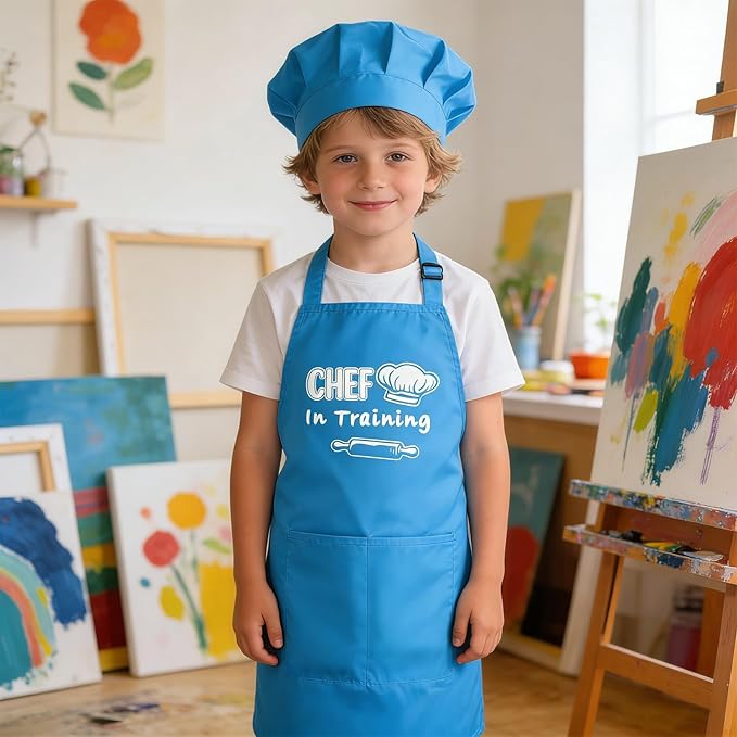 Kids Apron and Chef Hat Set Adjustable Child Aprons with 2 Large Pockets for Girls Boys Cooking Baking Painting Gift