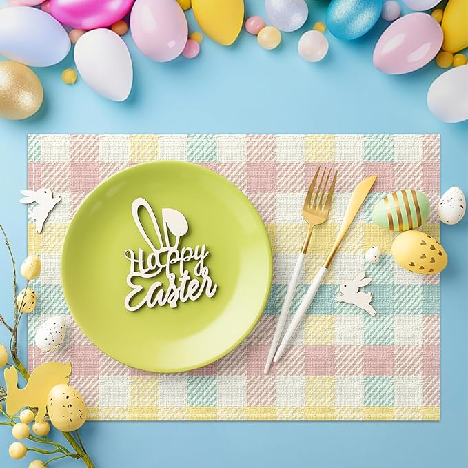 Niviy Buffalo Plaid Blue Pink Yellow Spring Easter Placemats Set of 6, 12x18 Inch Table Mats Easter Decor for Holiday Party Kitchen Dining Room Decoration