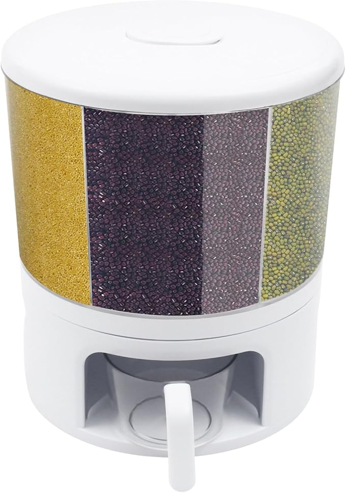 Cereal Dispenser, 6-grid 360° Rotating Grain Dispenser, Adjustable Compartment Size Clear Rice Dispenser, 11kg/24lbs Grain Storage Container, PET Round Granular Dry Food Dispenser, 11.61*13.19in White