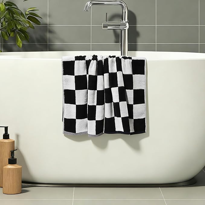 Madi-Cadi 100% Cotton Checkerboard Towels Set of 2, Farmhouse Kitchen & Guest Bathroom Towels, 13 x 29 Inches, Highly Absorbent Lint-Free Dish & Hand Towels with Double-Stitched Hems(Black)