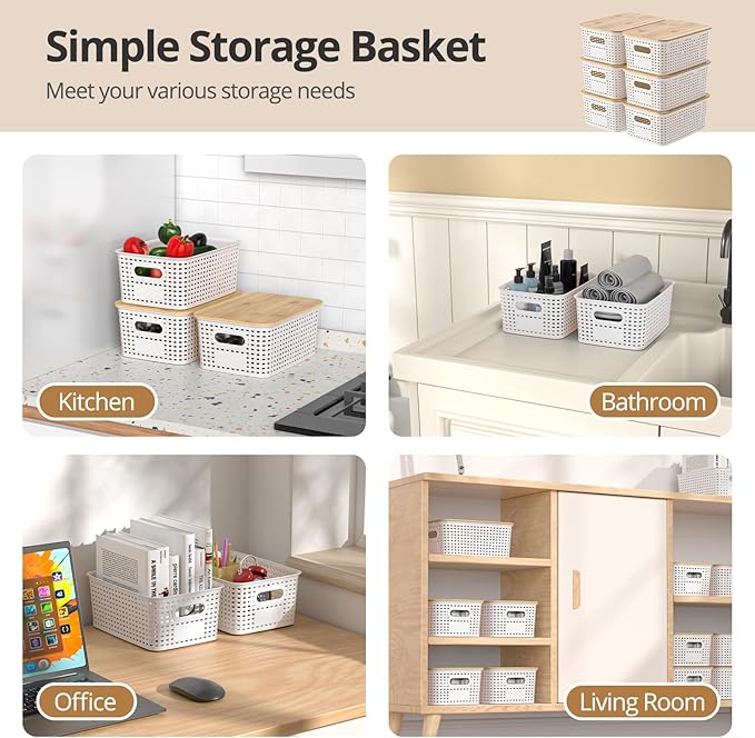 Plastic Storage Baskets with Bamboo Lids, Stackable Small Box Bins for Organizing and Containers for Shelves Drawers Desktop Closet Pantry Classroom Office Home, 6 Pack 10.2x7.2x4.1 Inch, White