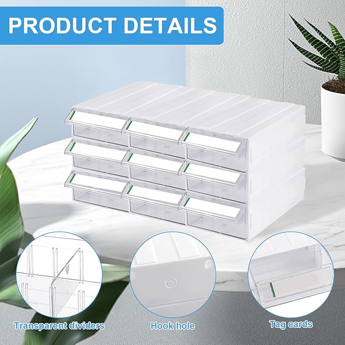 9 Pcs Drawer Stacking Storage Cabinet with 18 Pcs Clear Dividers Organizer Rack & 9 Pcs Tag Card, Plastic Stacking Storage-in-Drawer Cabinet for Home Office Small Items