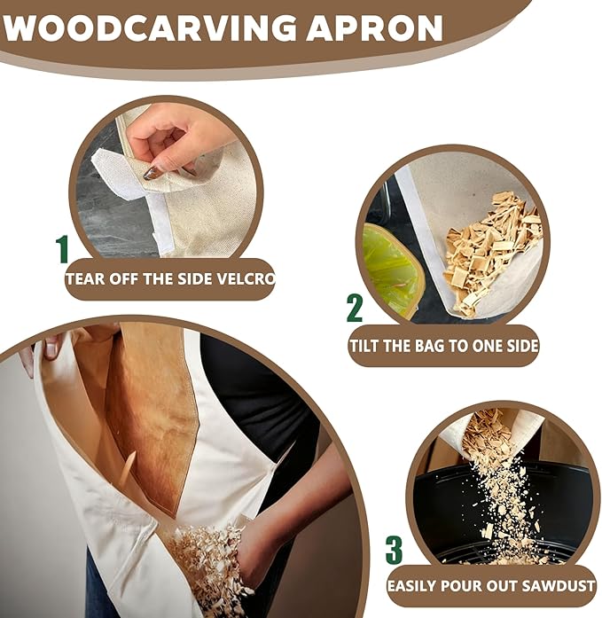 Woodcarving Apron-Work Apron with Brown Leather Chest Patches, Tool Pocket