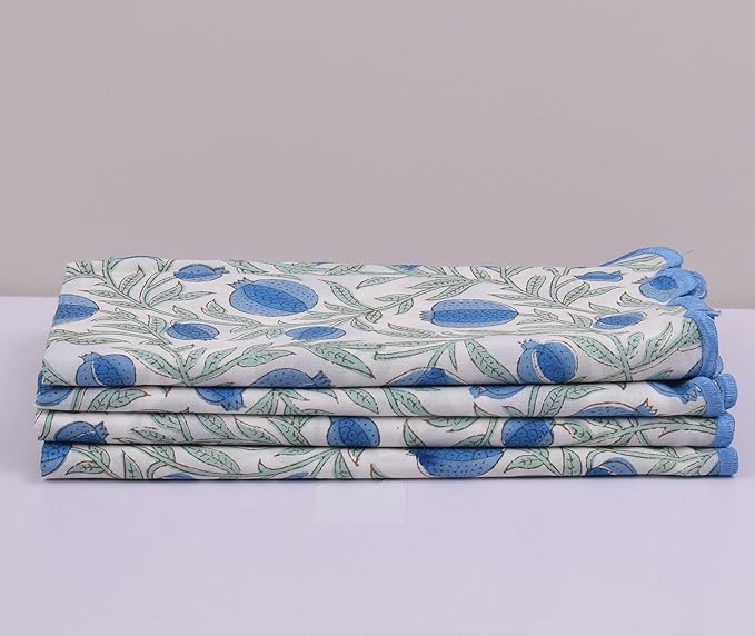 Ridhi Hand Block Print Queen Blue 18" x 18" (Set of 4) Embroidery Table Napkins Reusable Cotton Dinner Napkins for Weddings, Parties, Everyday Dining Gift for Spring, Easter, Valentine